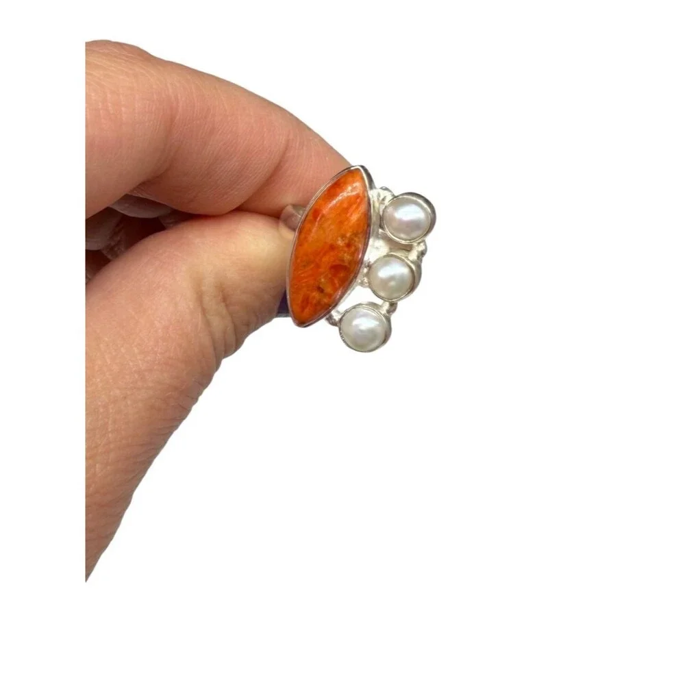 Orange Mohave Turquoise & Freshwater Pearl Ring Size 6 Solid 925 Sterling Silver